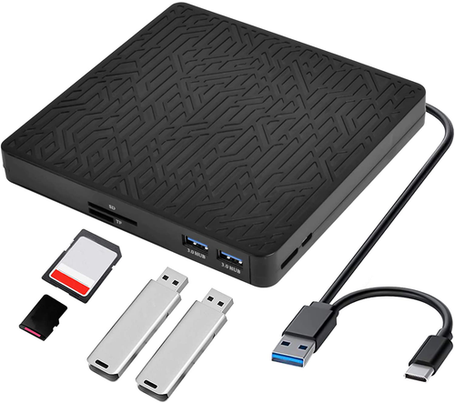 External DVD Drive, USB3.0/Type-C DVD CD ROM +/-RW Player for Laptop, Optical Disk Burner with 2 USB3.0 Port, SD/TF Port, Micro USB Type C Cord for PC Desktop Mac Book Windows 10/8/7 Linux OS